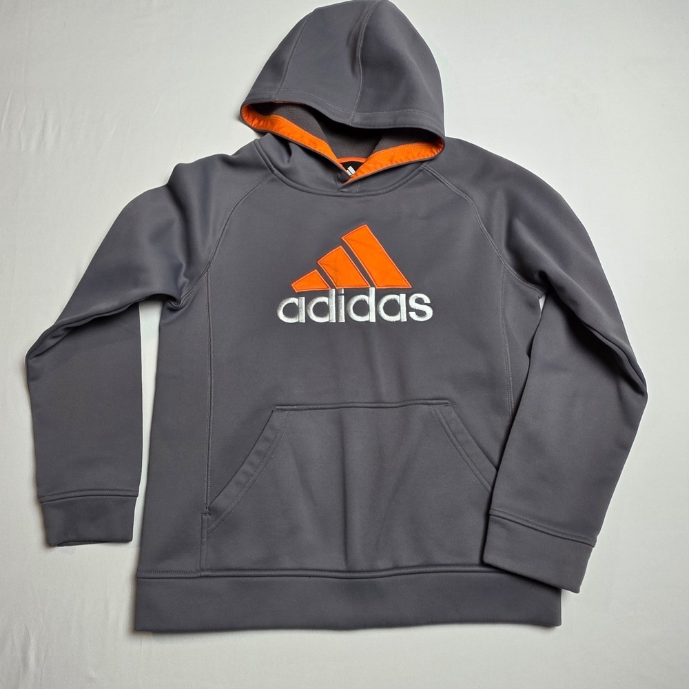 Adidas Hoodie Boys Medium 10/12 Gray Orange ClimaWarm Logo Pullover‎ Sweatshirt